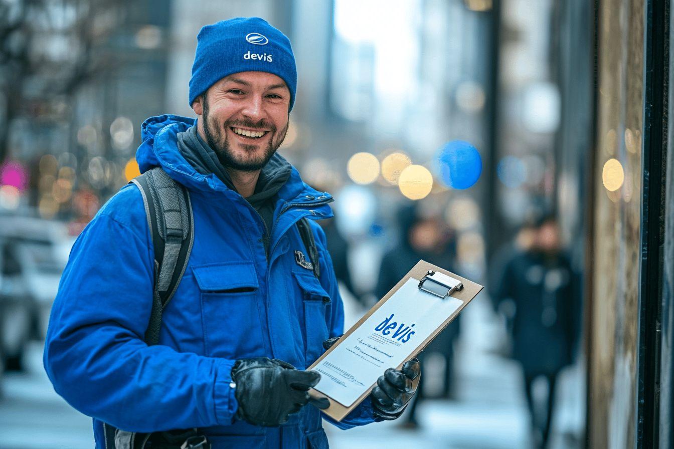 Employé Devis bleu souriant dans la rue avec presse-papiers