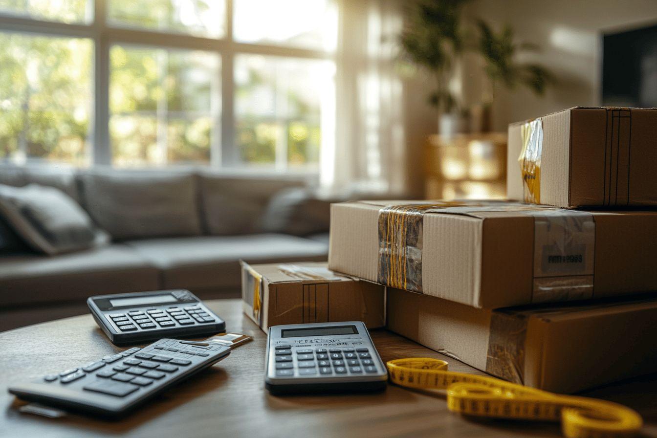 Cartons d'emballage, calculatrices et mètre ruban sur table lumineuse