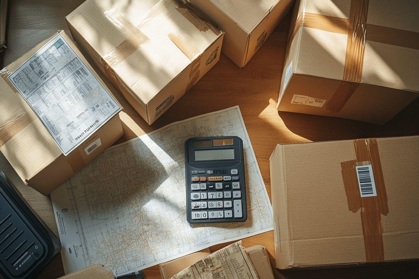 Boîtes en carton, calculatrice et carte sur un bureau en bois