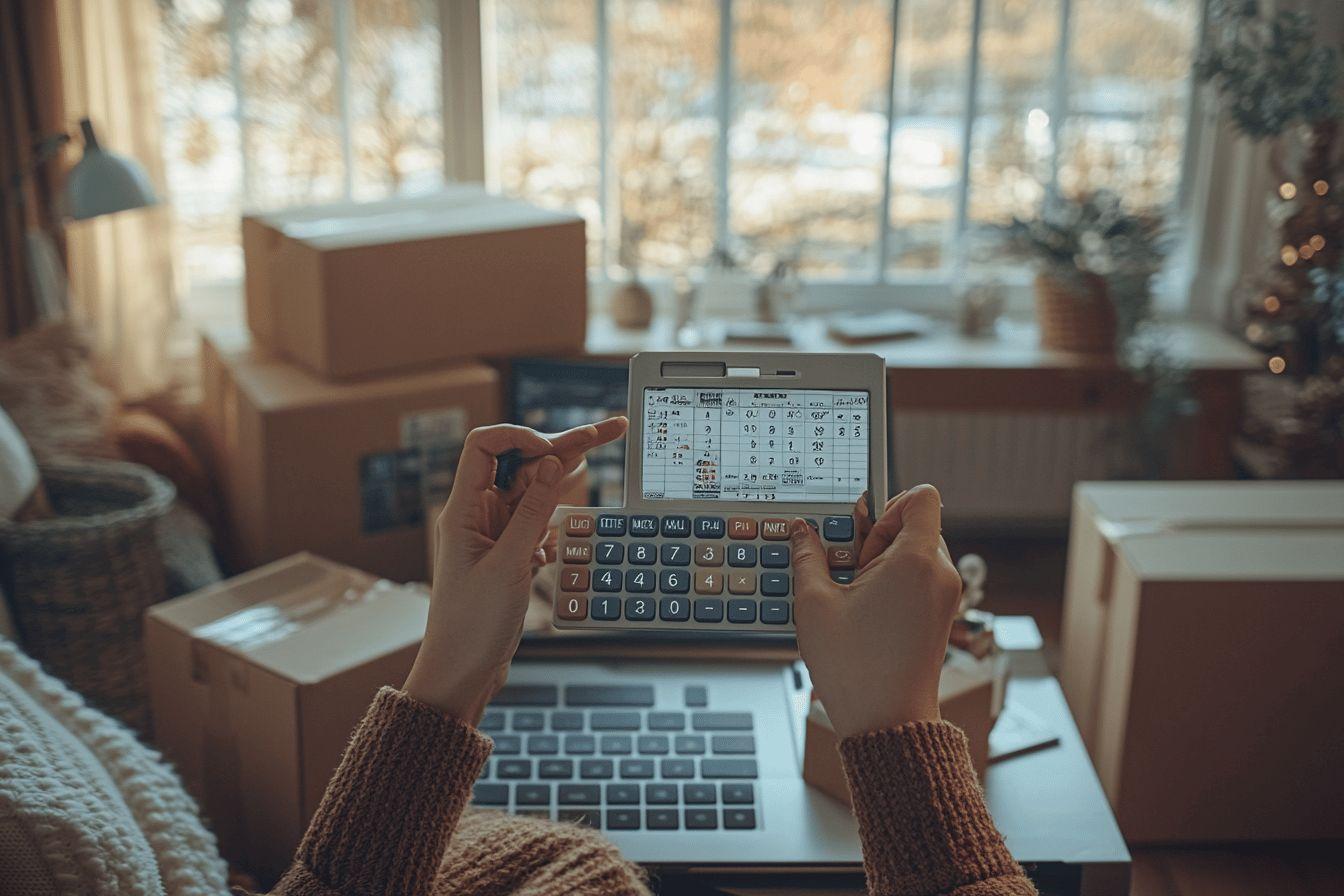 Mains tenant une calculatrice devant un ordinateur portable et des boîtes