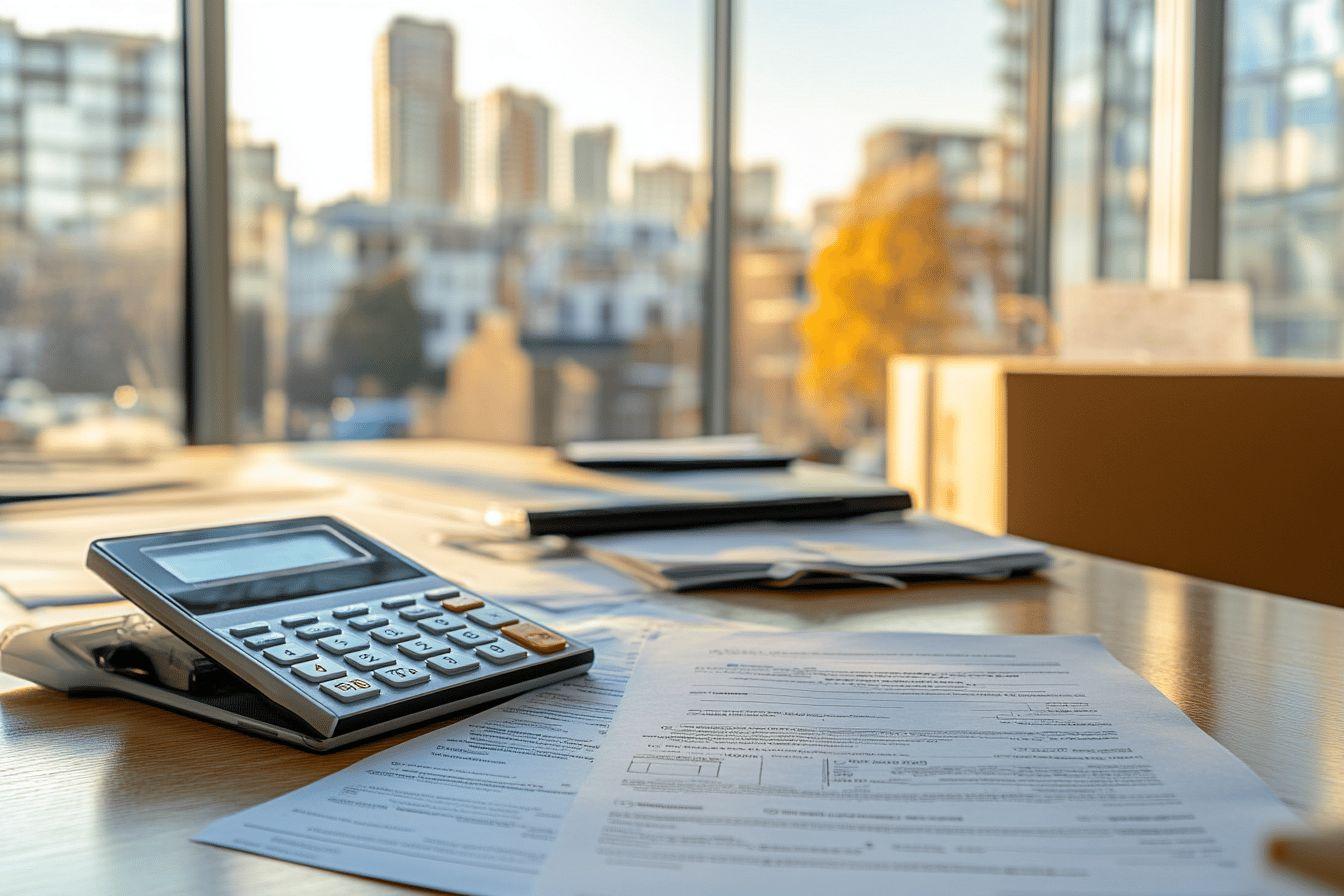 Bureau avec calculatrice, documents et panorama de gratte-ciels
