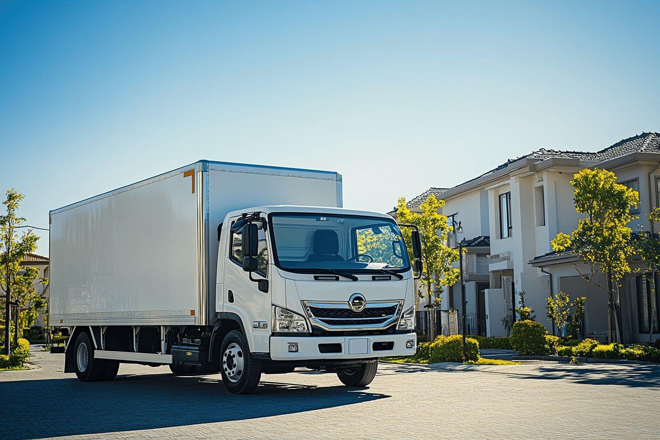 Camion utilitaire blanc stationné devant des maisons modernes
