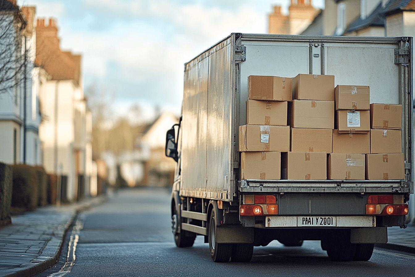 Camionnette blanche chargée de cartons sur une rue résidentielle
