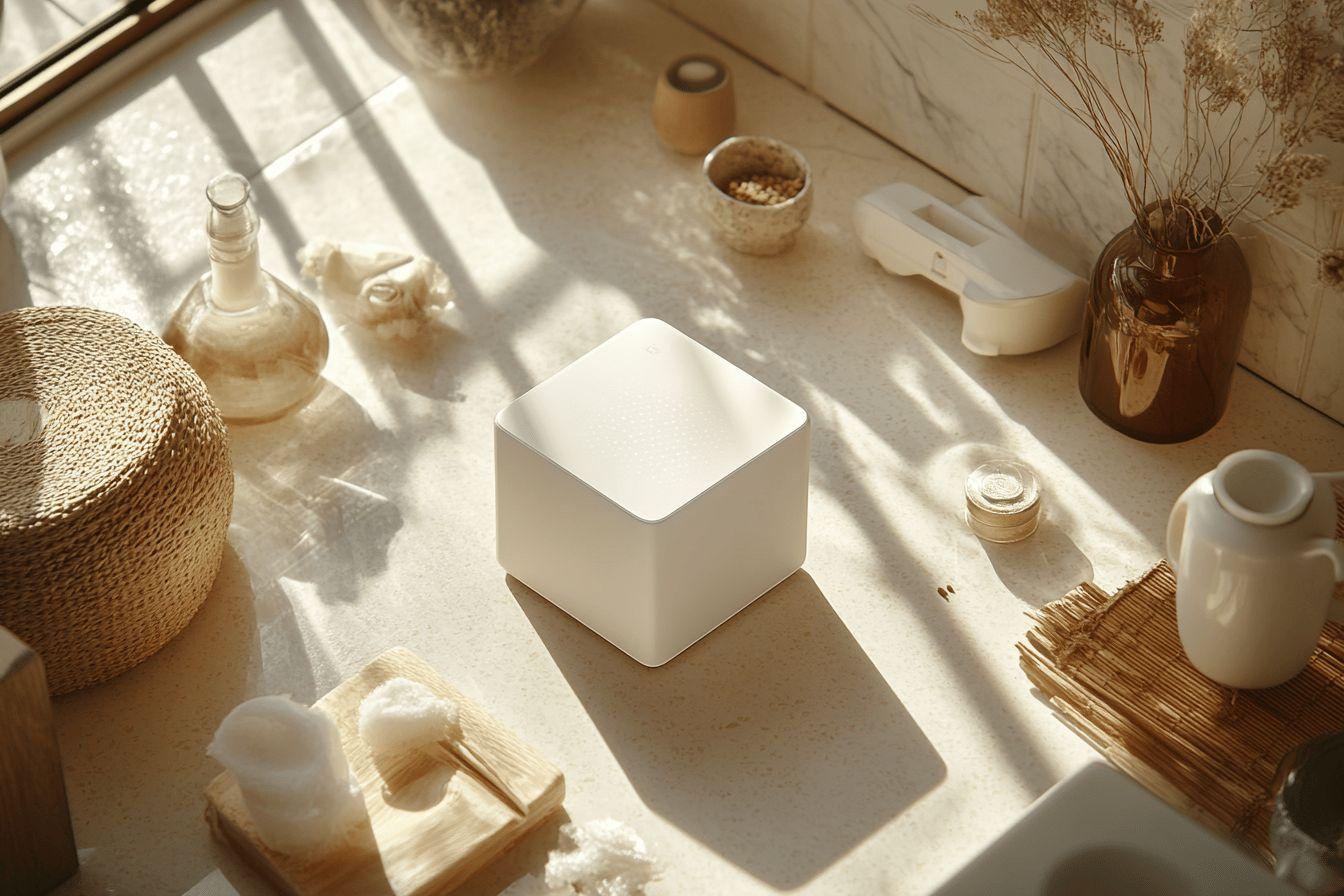 Cube blanc au milieu d'objets décoratifs avec lumière naturelle