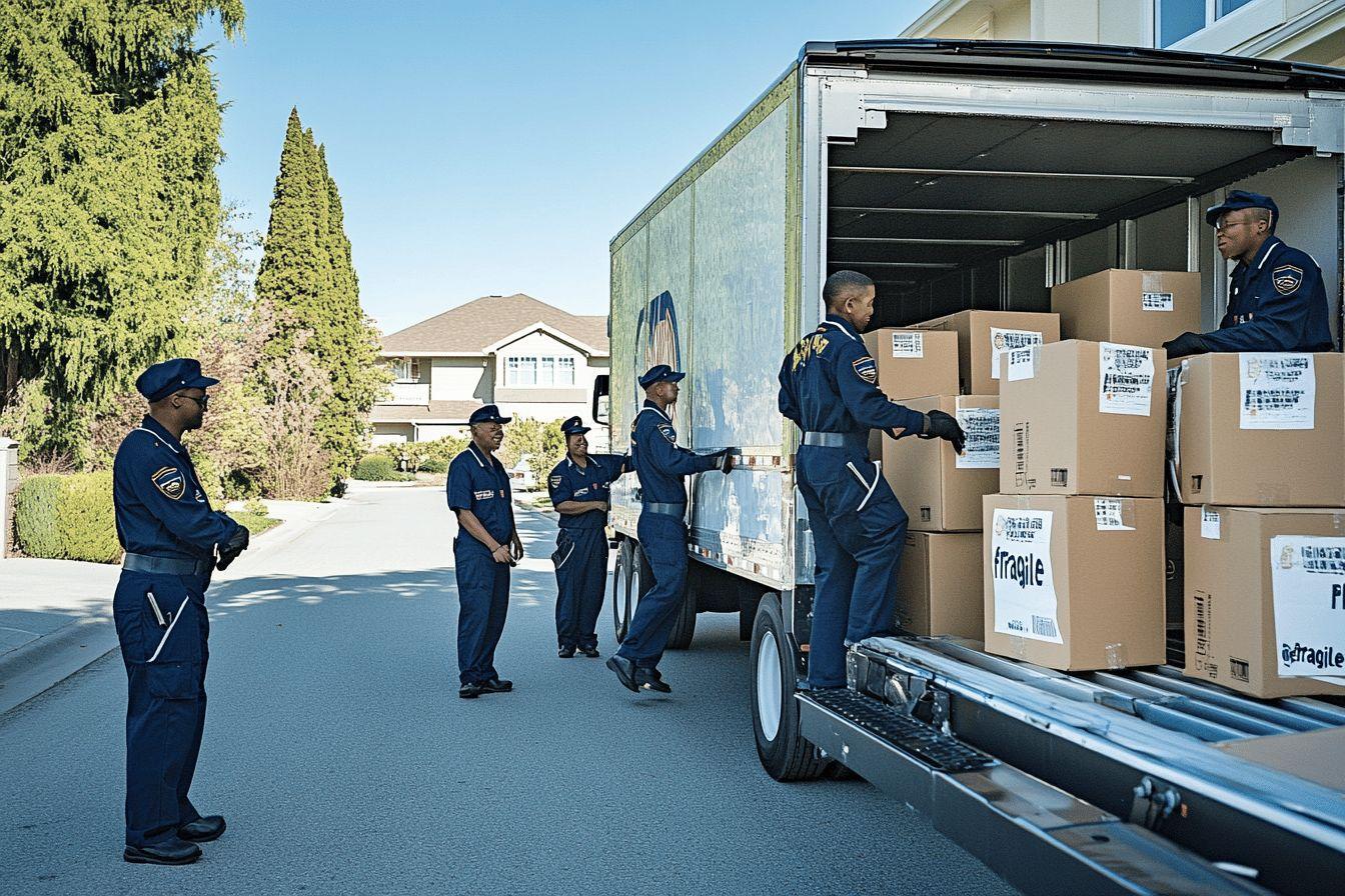 Agents en uniforme bleu déchargeant des boîtes d'un camion