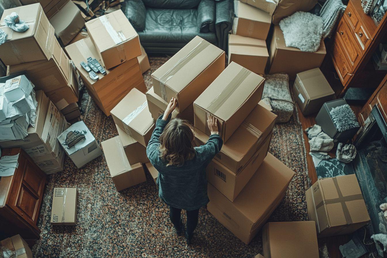 Personne vue de dos entourée de nombreux cartons de déménagement