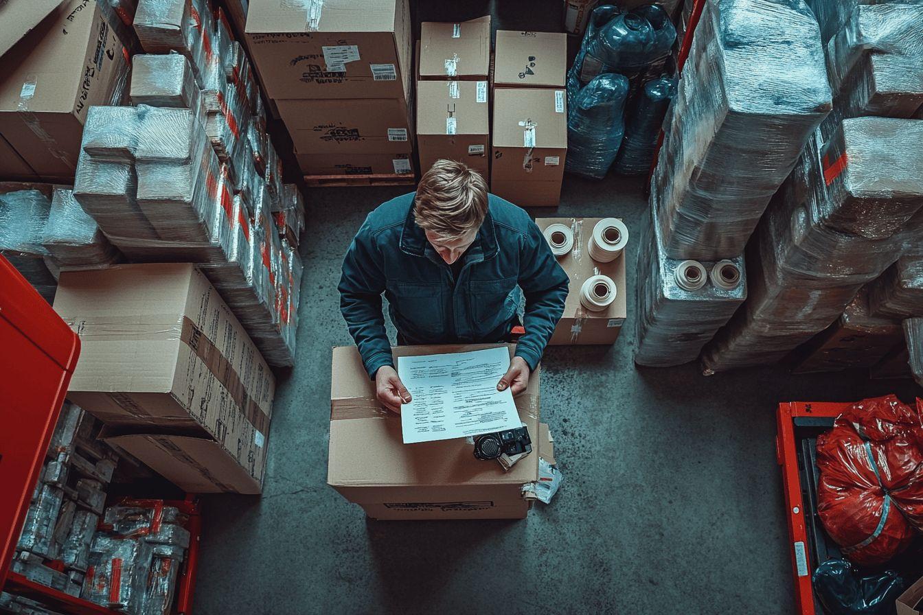 Employé vérifiant des documents parmi des boîtes et des palettes