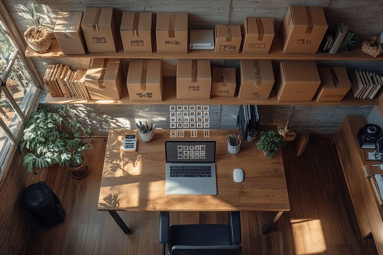 Bureau en bois avec ordinateur portable, plantes et cartons sur étagères