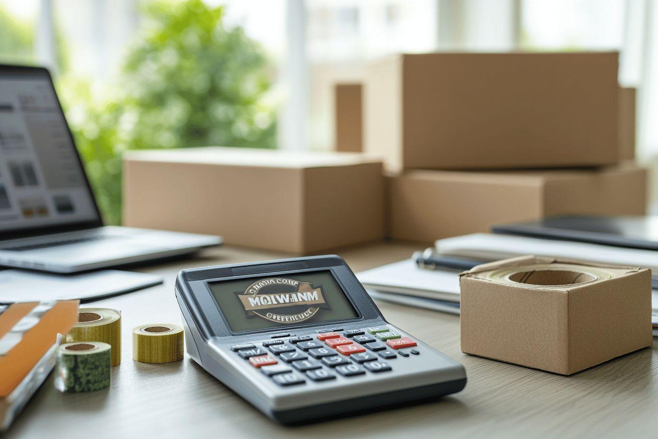 Calculatrice, boîtes, ruban adhésif et ordinateur portable sur un bureau