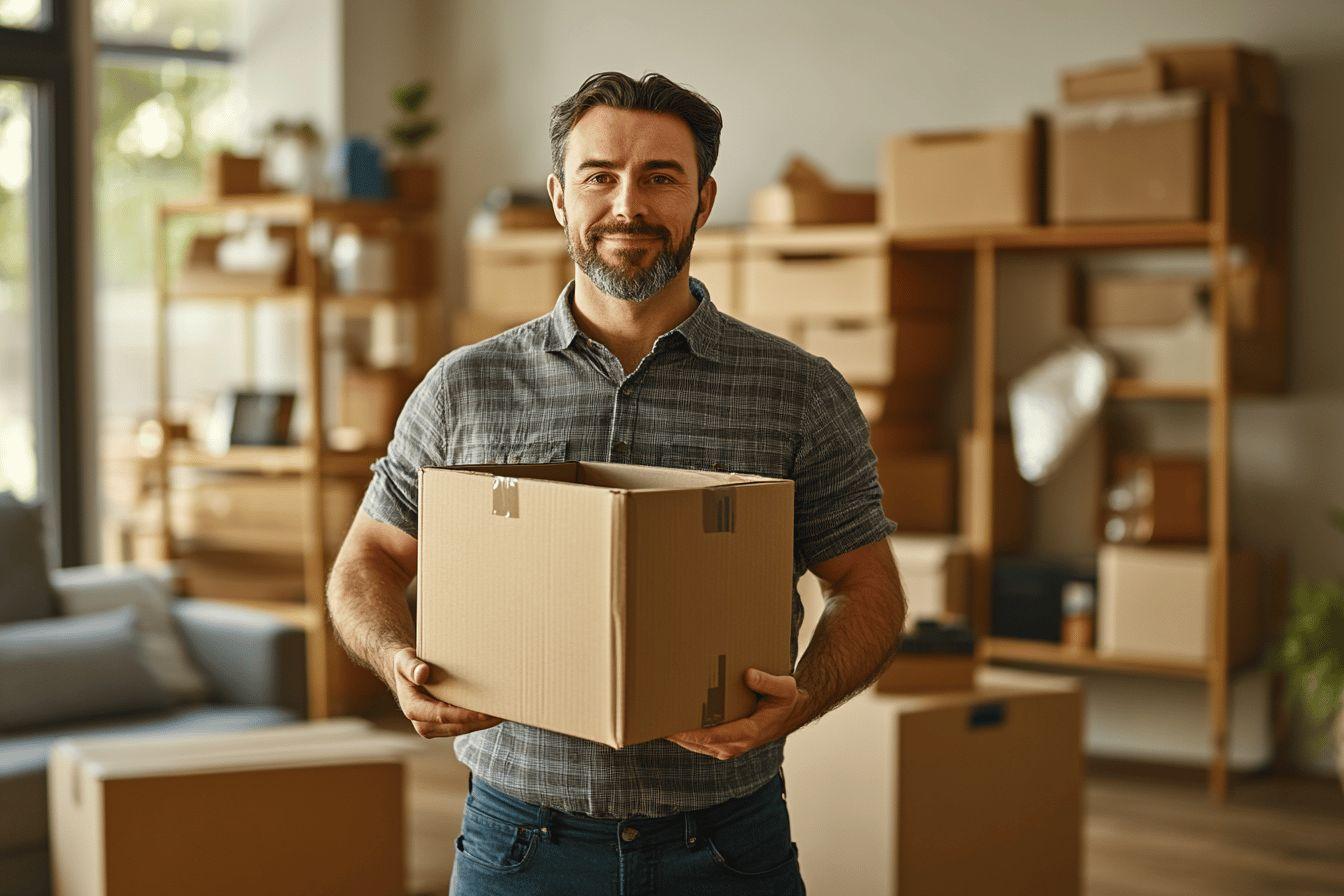 Homme d'âge moyen portant une boîte en carton dans un espace de stockage