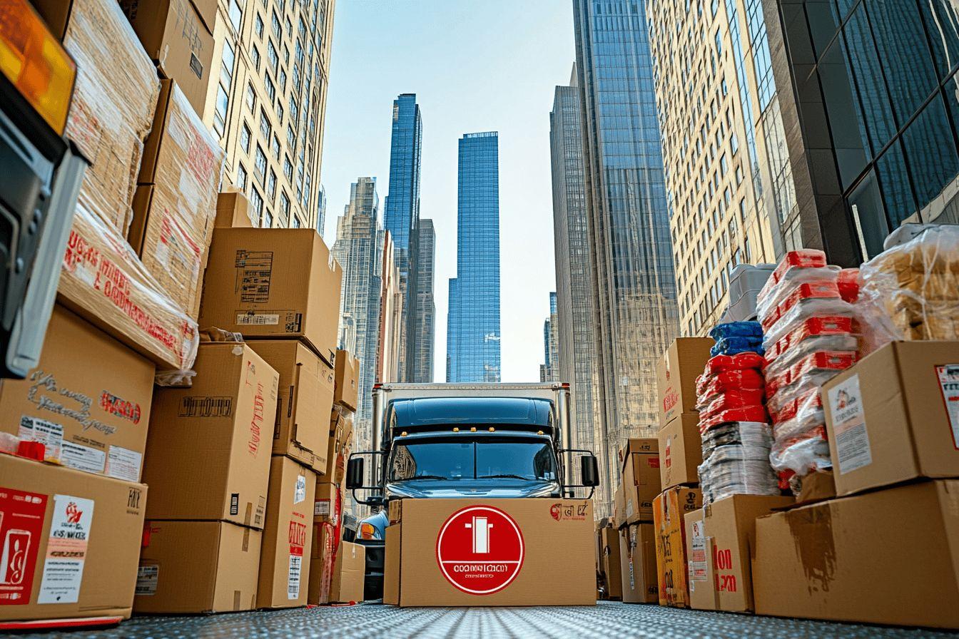 Camion bleu entouré de boîtes au milieu de buildings