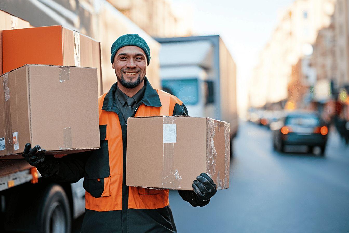 Homme en gilet orange transportant des boîtes dans la rue