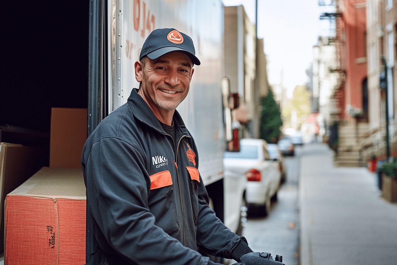 Homme en uniforme bleu souriant à côté d'un camion