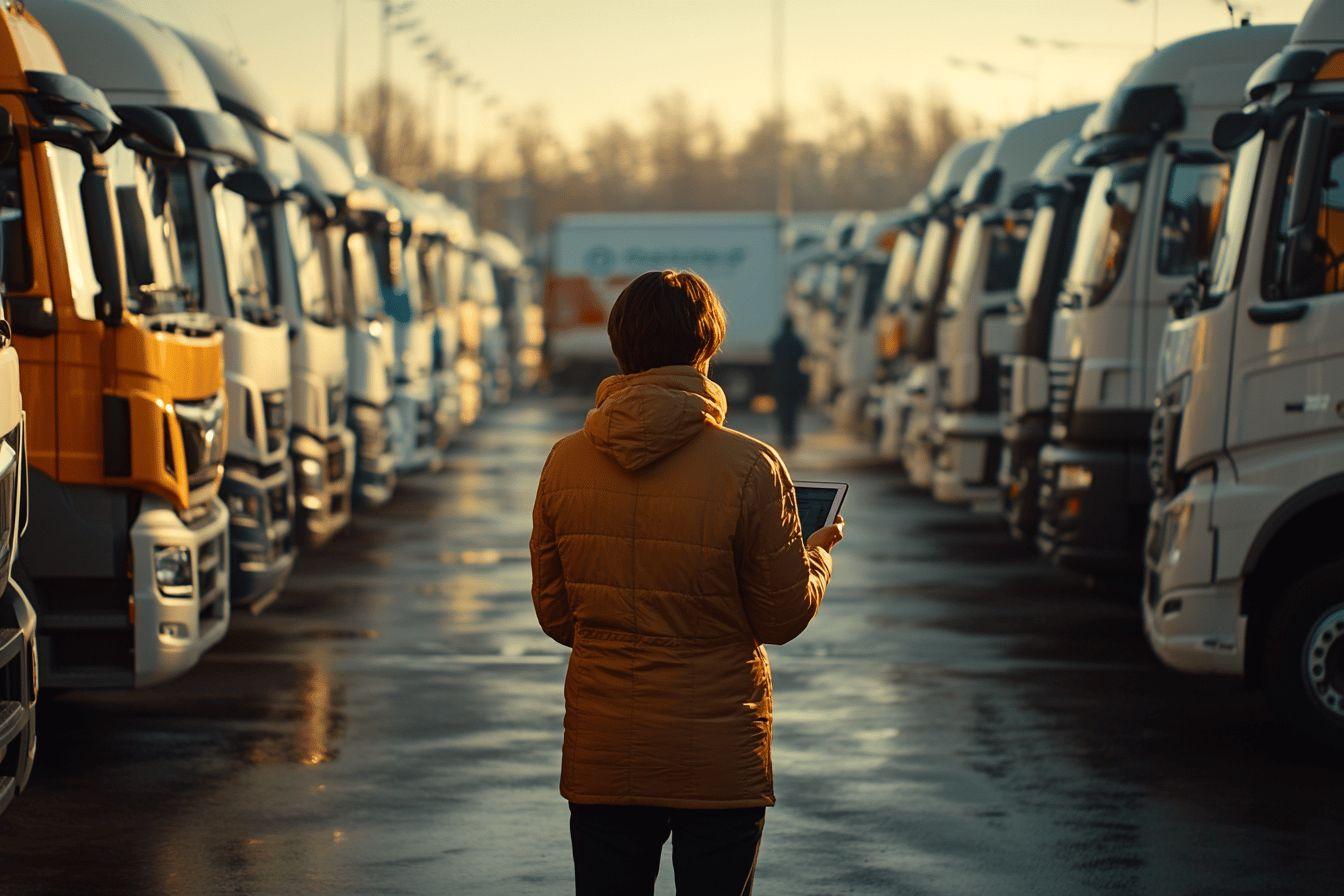 Personne debout entre des camions dans un parking industriel