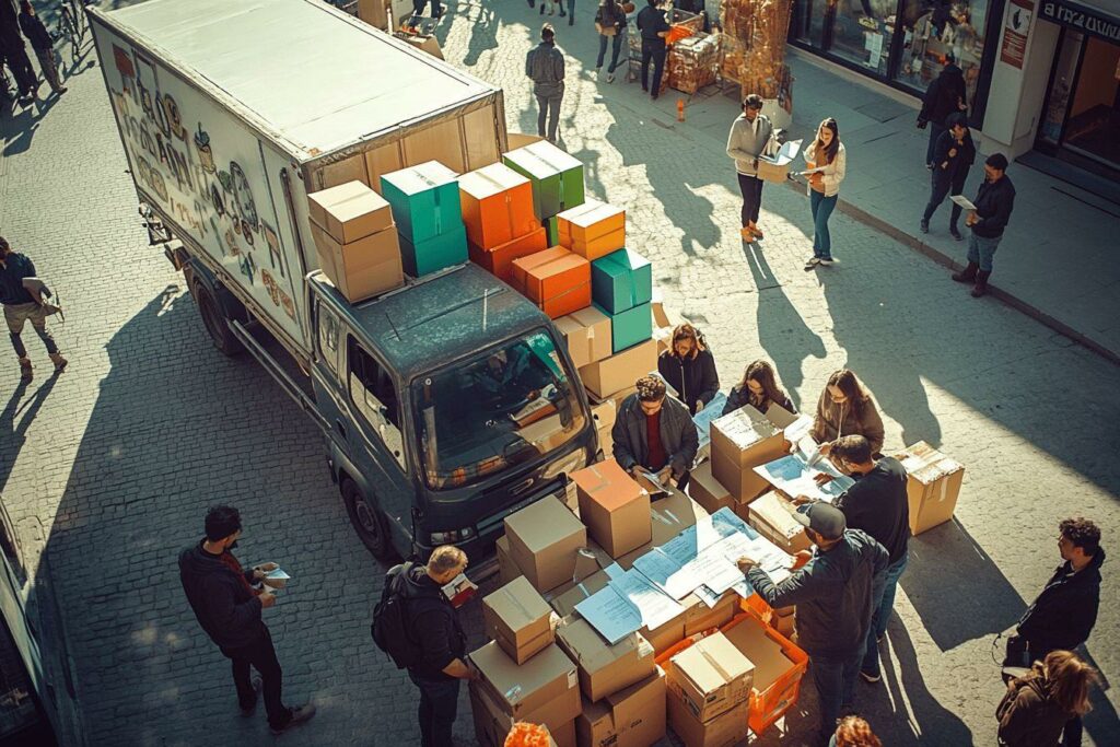 Camion de livraison avec équipe triant des boîtes sur trottoir