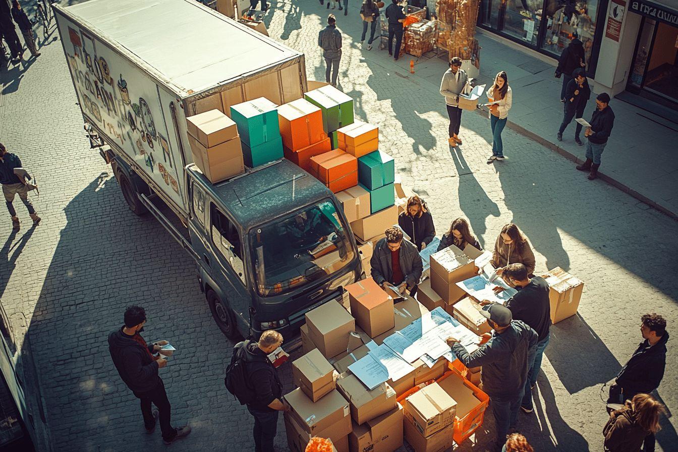 Camion de livraison avec équipe triant des boîtes sur trottoir