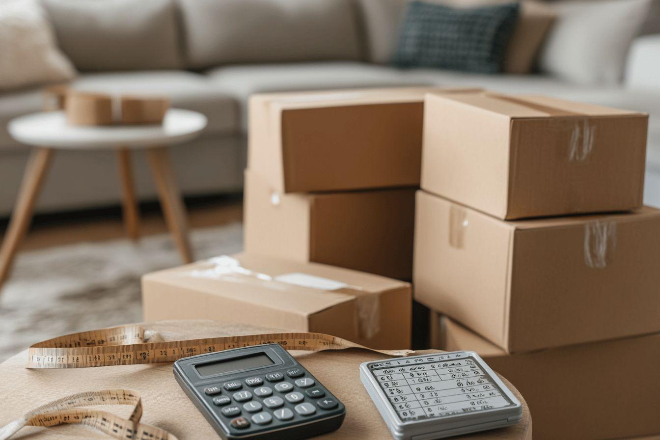 Boîtes en carton, calculatrice et mètre ruban sur une table