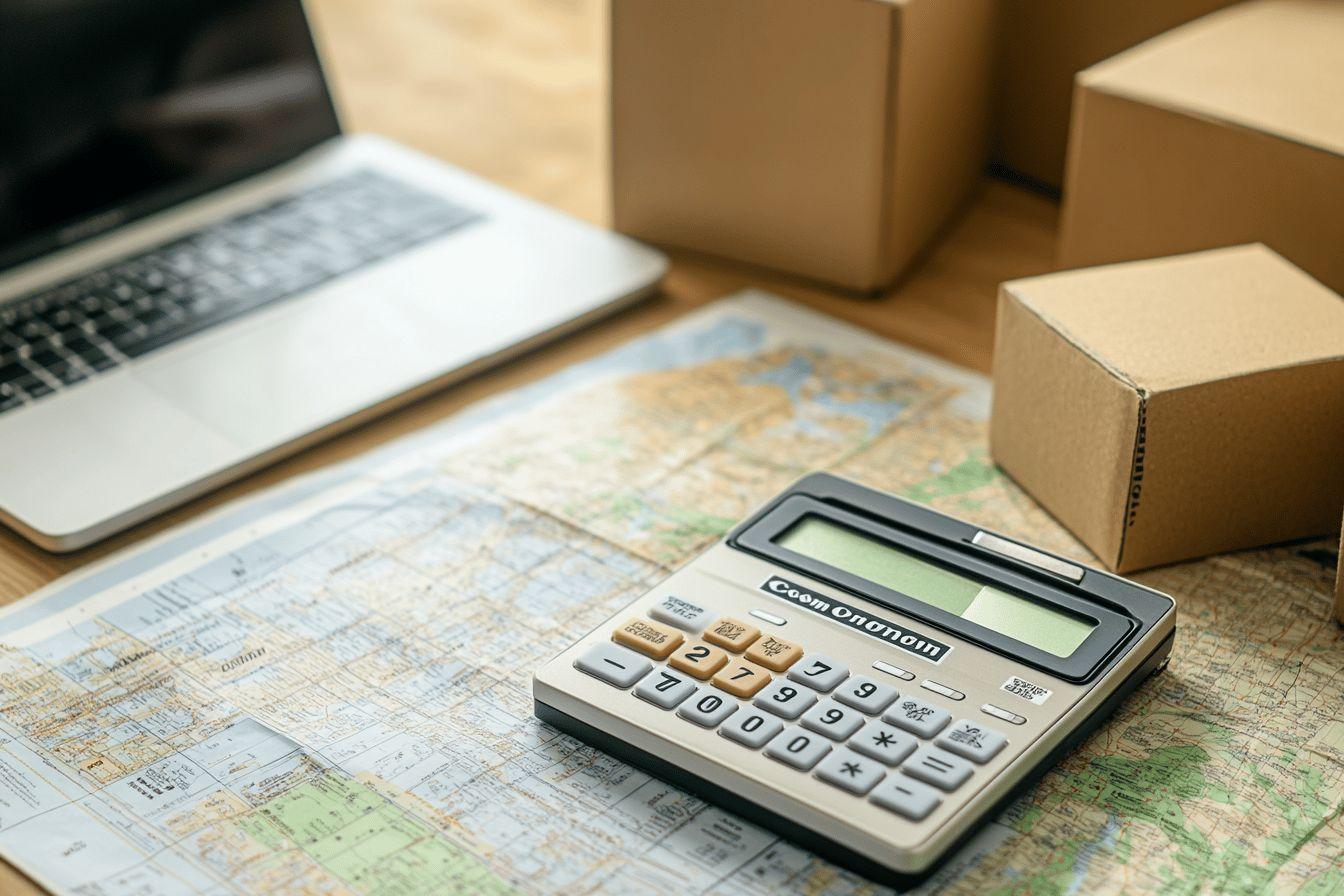Carte, calculatrice, ordinateur portable et boîtes sur un bureau