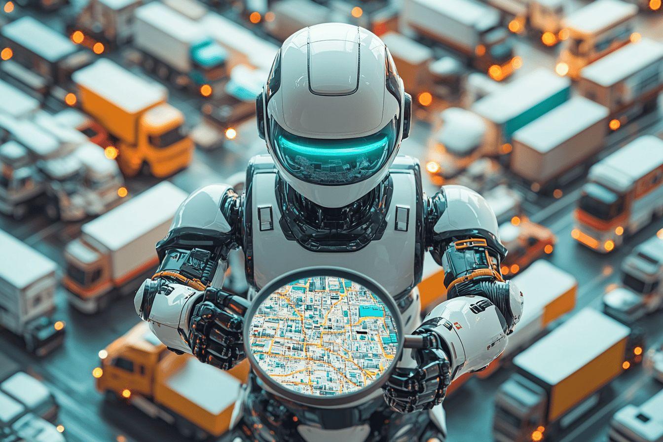 Robot high-tech analysant une carte numérique au milieu de véhicules