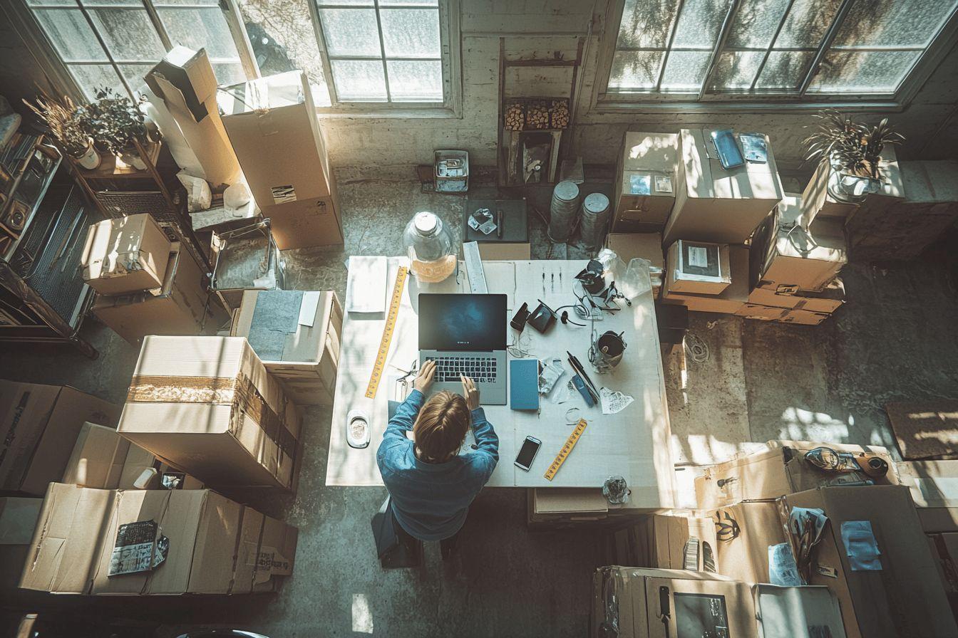 Vue de haut d'un bureau avec cartons et ordinateur portable