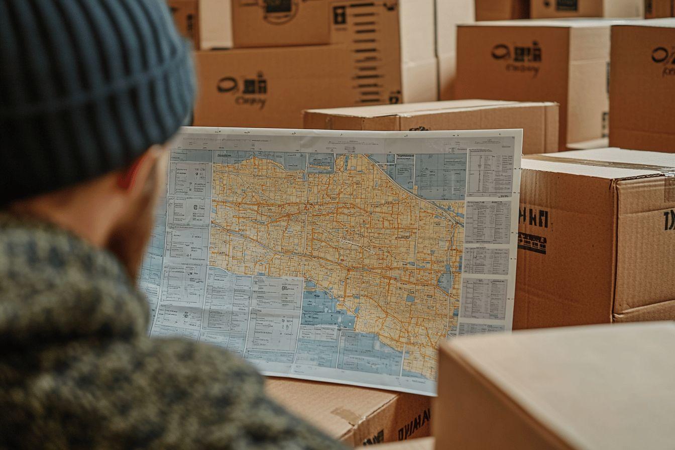 Une personne examine une carte avec des boîtes en carton autour